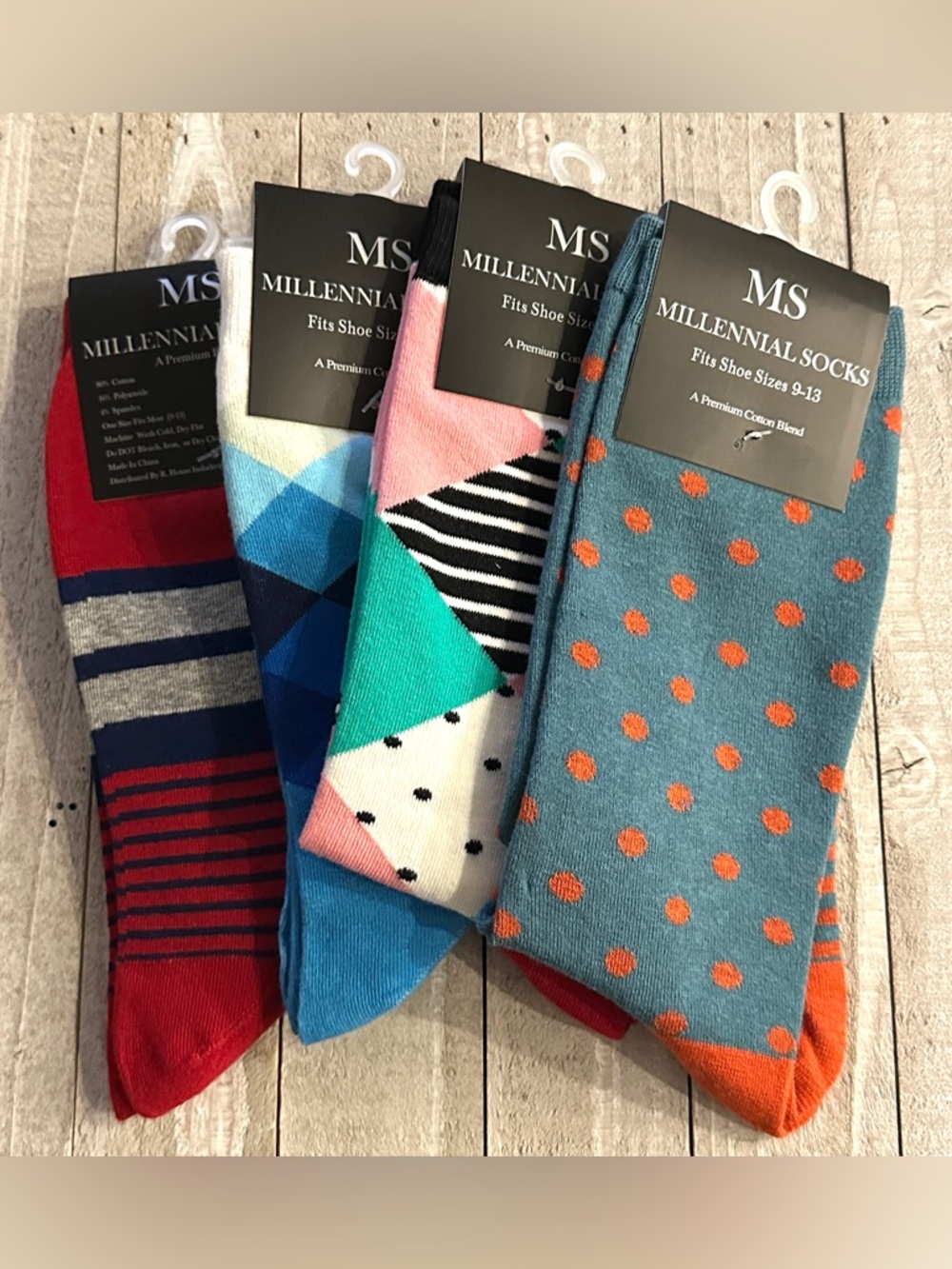 Set of 4 Pairs of Men’s Mid Calf Dress Socks fun designs stripes argyle dots etc